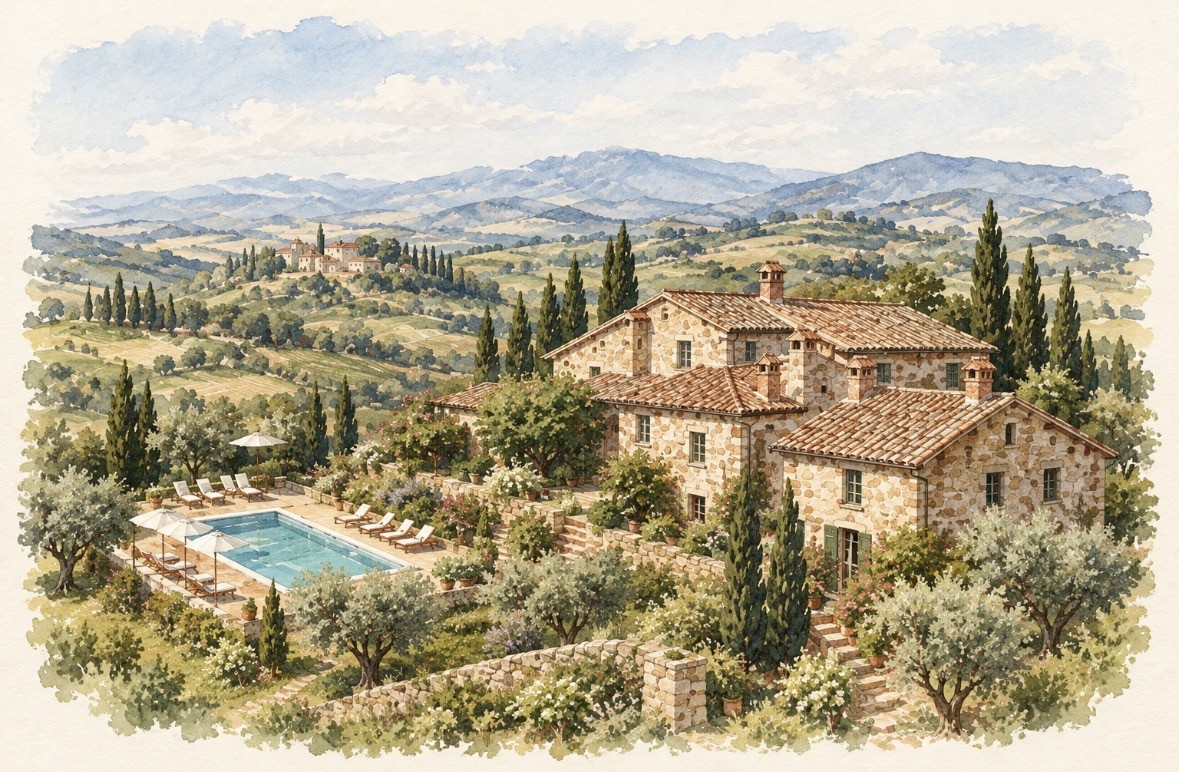 A watercolour painting of a stone Umbrian farmhouse with terracotta roofs, a pool, olive trees and cypresses, and rolling hills beyond