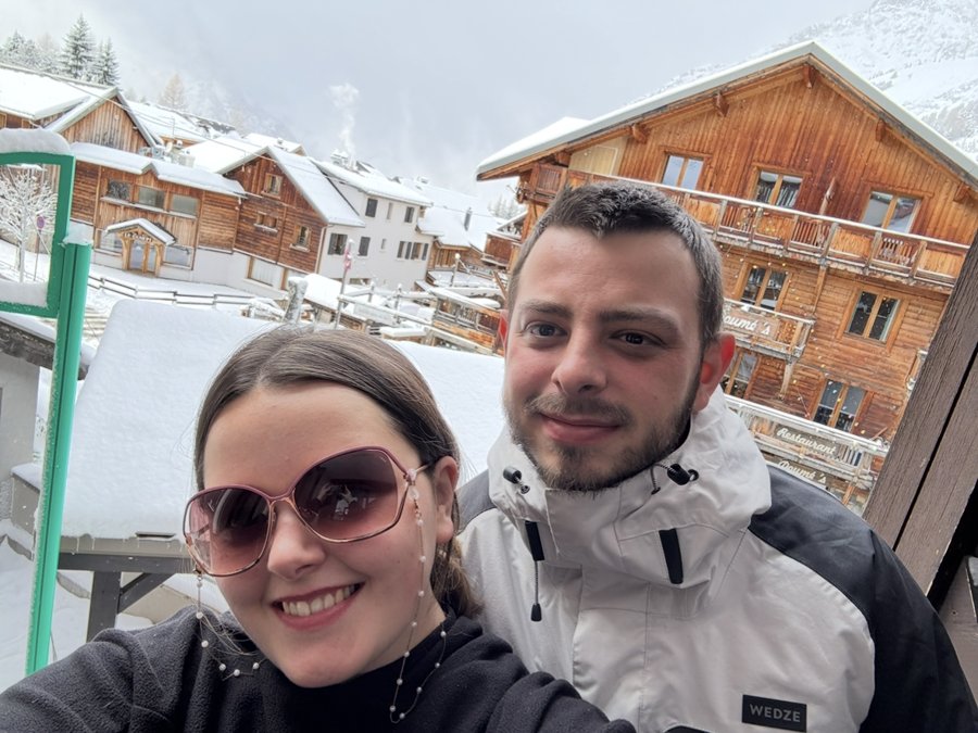 Chara and Kieran on a snowy balcony